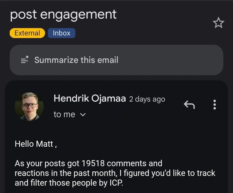 The cold email from Hendrik Ojamaa that Matt shared